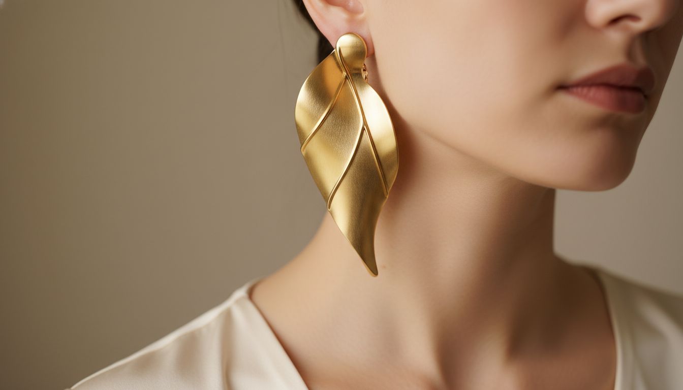 Крупный план массивной моно-серьги в форме абстрактного золотого листа, свисающего до ключицы.