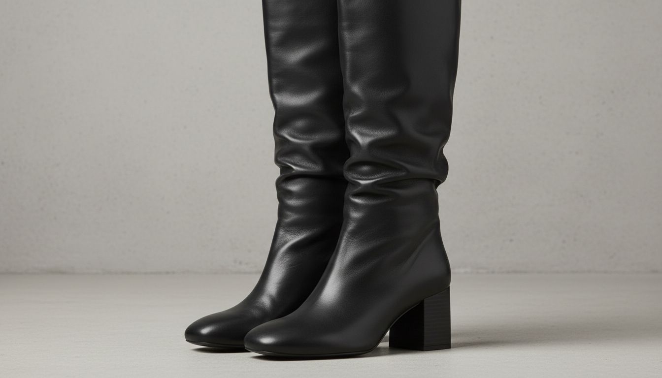 Крупный план Сапог-Труб из матовой черной кожи с устойчивым квадратным каблуком.