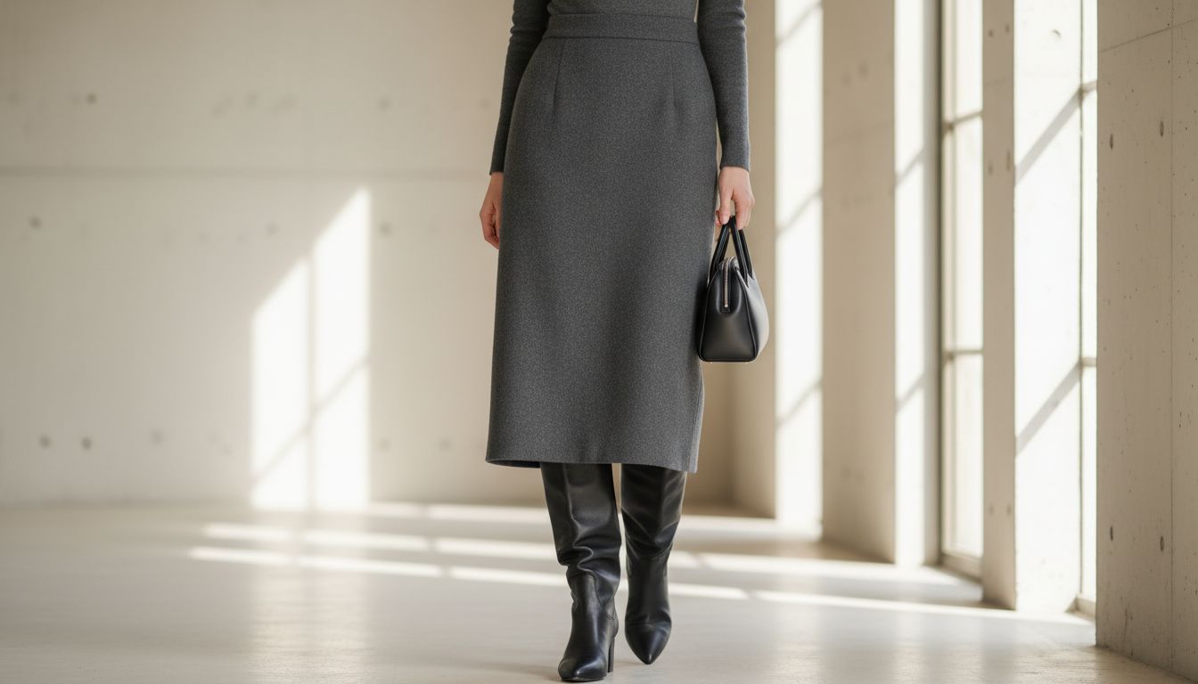 Женщина в юбке-миди из плотной серой шерсти, полностью закрывающей голенище черных Сапог-Труб, создавая эффект непрерывной линии.