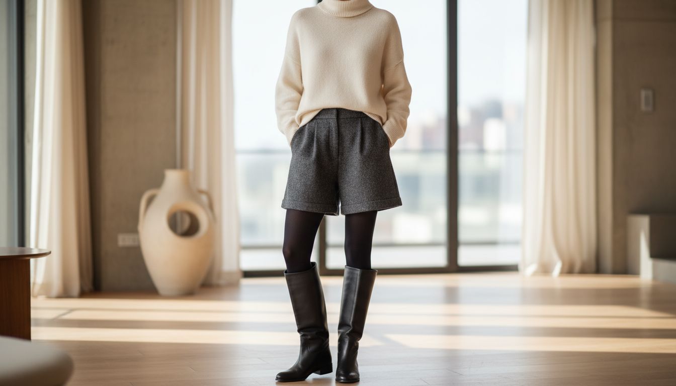 Стилизованный образ: плотные шерстяные шорты-бермуды, черные матовые колготки, черные Сапоги-Трубы и объемный кашемировый свитер.