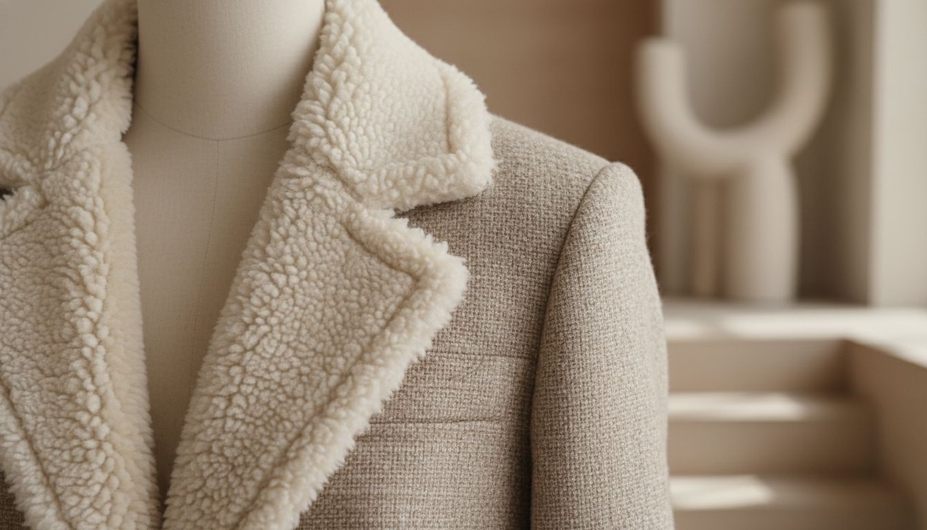 Крупный план текстуры плотной шерпы кремового оттенка на воротнике структурированного жакета, демонстрирующий его жесткую форму.