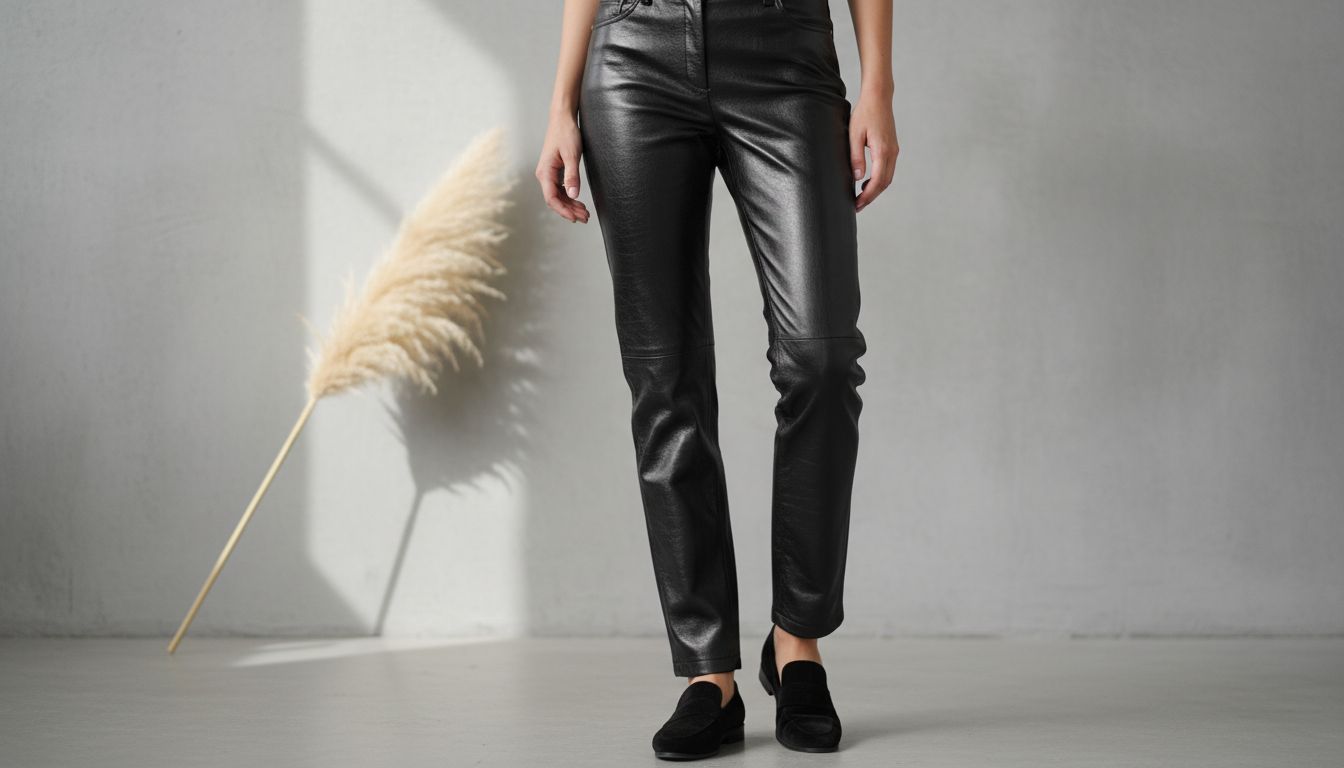 Модель крупным планом демонстрирует глянцевые кожаные брюки прямого кроя, отражающие свет, в контрасте с матовой текстурой обуви.