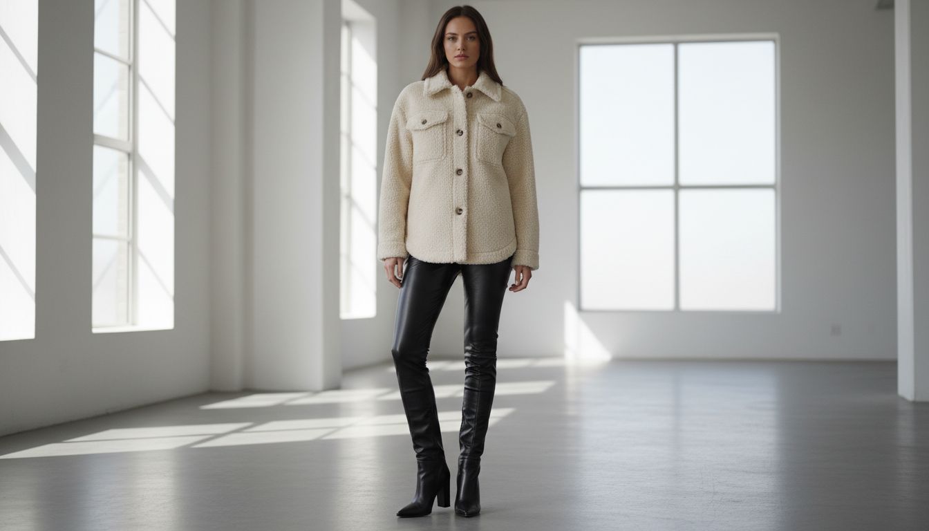 Детальный образ: Жакет-рубашка из белой овчины, застегнутый на все пуговицы, и черные глянцевые брюки-скинни, заправленные в высокие ботильоны с острым носом.