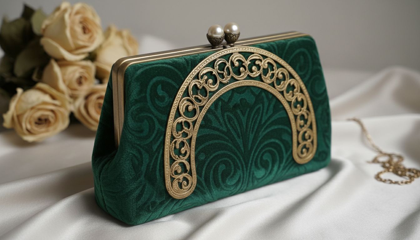 Крупный план винтажного клатча с жесткой структурой, украшенного аркой и застежкой-поцелуем из античного золота.