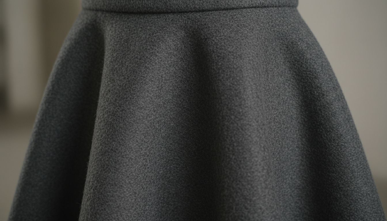 Крупный план текстуры плотной шерстяной юбки-колокол в графитовом оттенке, демонстрирующий жесткость и формоустойчивость ткани.