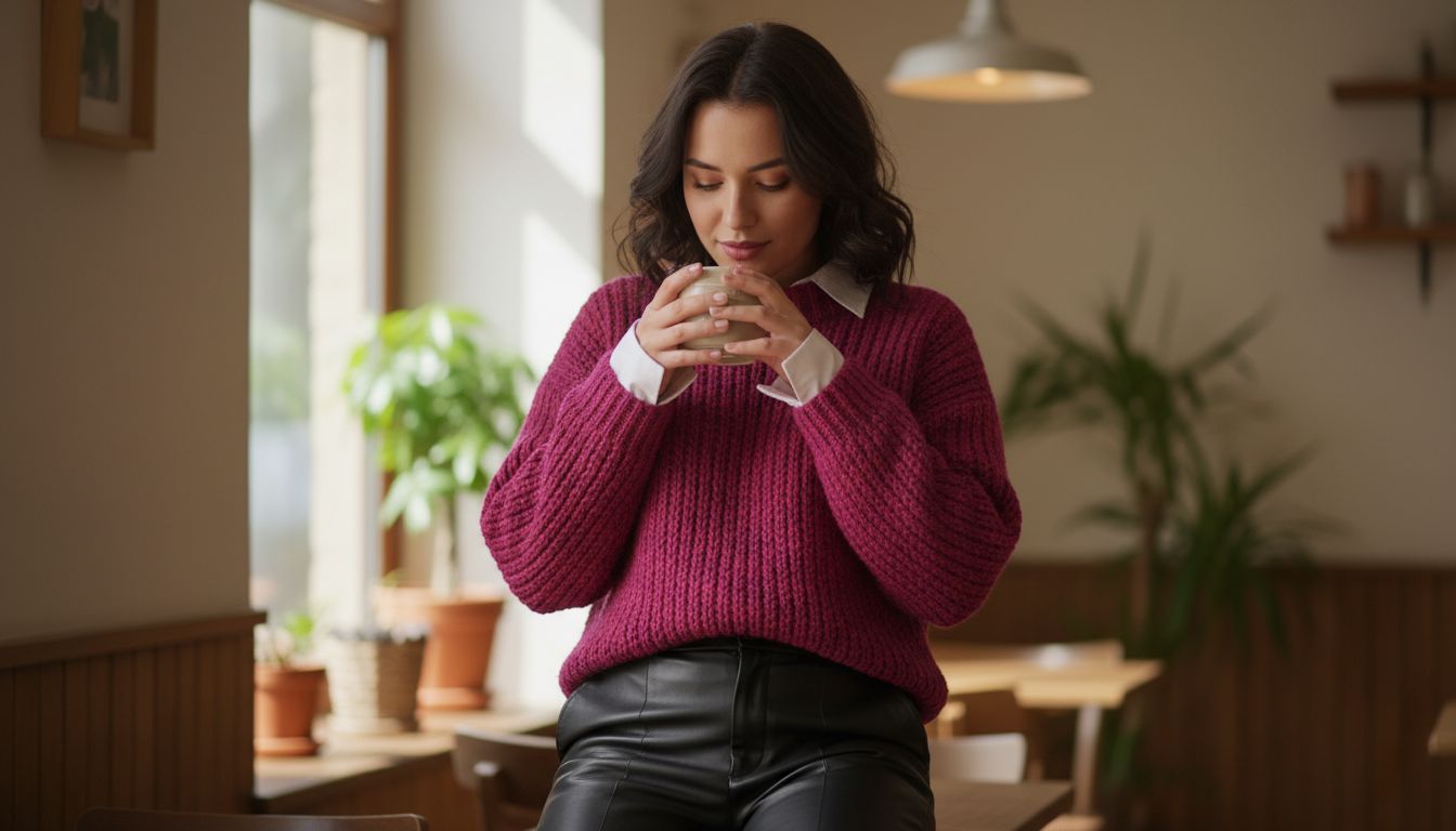 Девушка в свитере крупной вязки цвета мадженты, который надет поверх белой рубашки. Образ дополнен кожаными брюками.