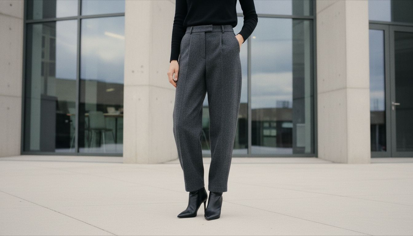 Женщина в широких серых шерстяных брюках стоит на фоне современного здания. Из-под брюк виднеется только тонкий кончик остроносого ботильона.