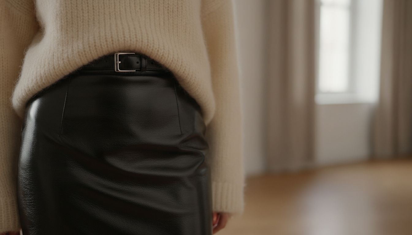 Крупный план лаковой юбки-карандаш в сочетании с толстым, мягким свитером из мохера кремового цвета. Фокус на контрасте текстур.