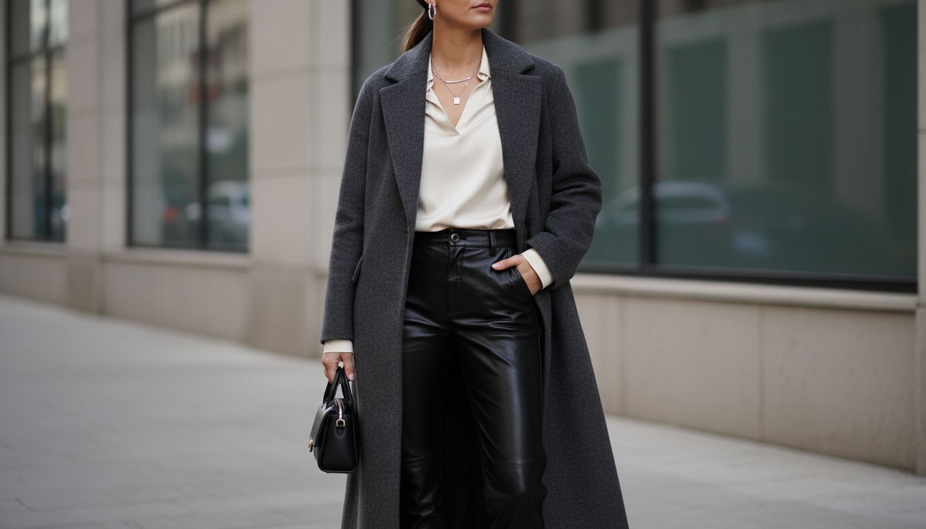 Модель в черных лаковых брюках-карандаш. Образ дополнен длинным серым пальто из плотной шерсти и минималистичными украшениями.