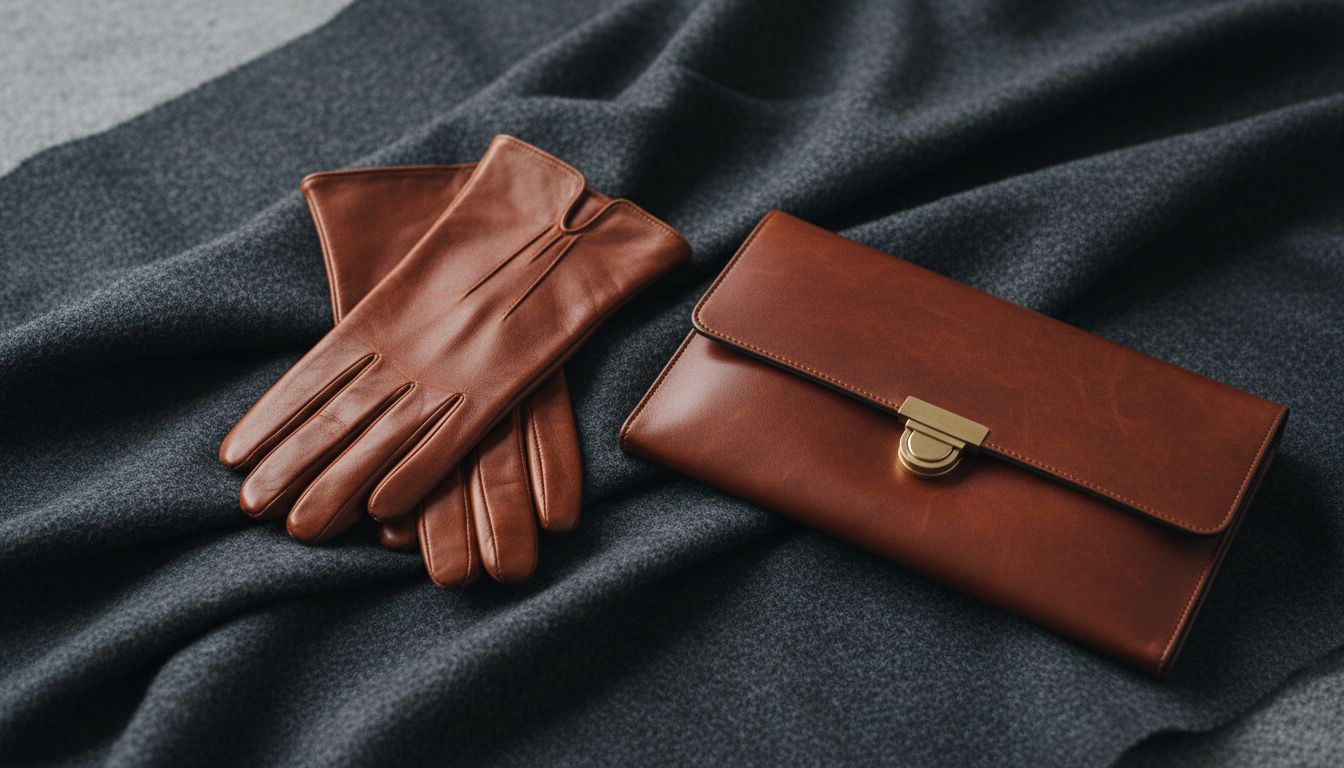 Крупный план: сочетание антрацитовой шерсти и аксессуаров цвета ржавчины (Deep Rust) - кожаные перчатки и клатч.