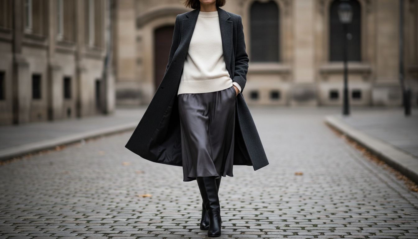 Общий вид: Пальто оттенка мокрого асфальта, надетый поверх тонкого свитера и юбки-миди, дополненный высокими сапогами из матовой кожи.