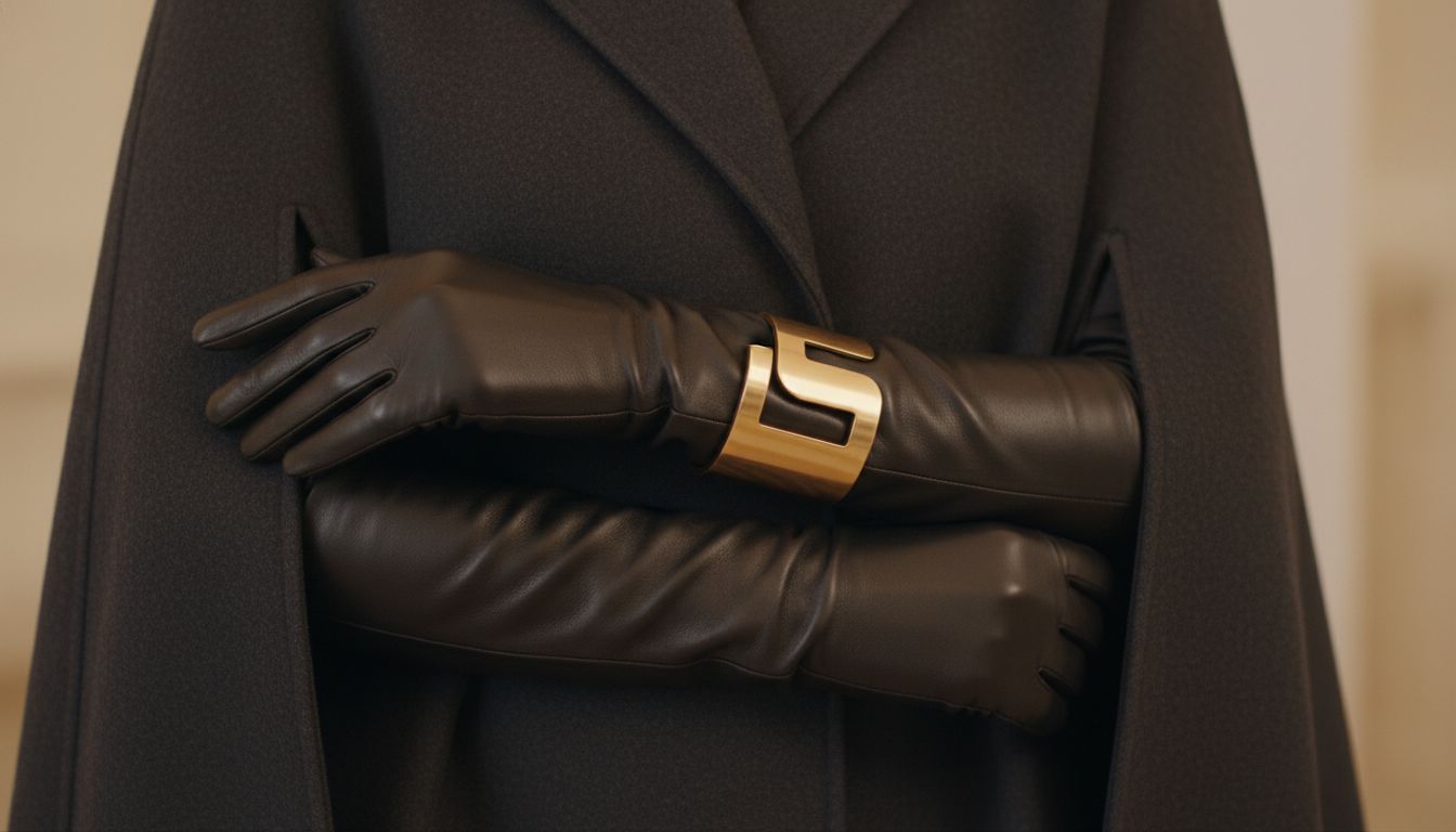 Детальный снимок рук в оперных кожаных перчатках, выглядывающих из-под кейпа, и массивный золотой кафф, надетый поверх перчатки.