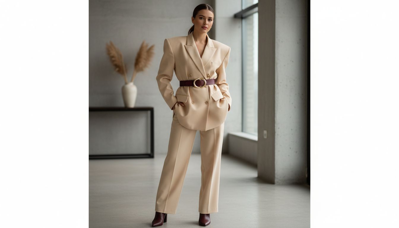 Девушка в удлиненном двубортном жакете с гипертрофированными плечами, перехваченном на талии тонким винным ремнем с крупным золотым овалом в качестве пряжки.