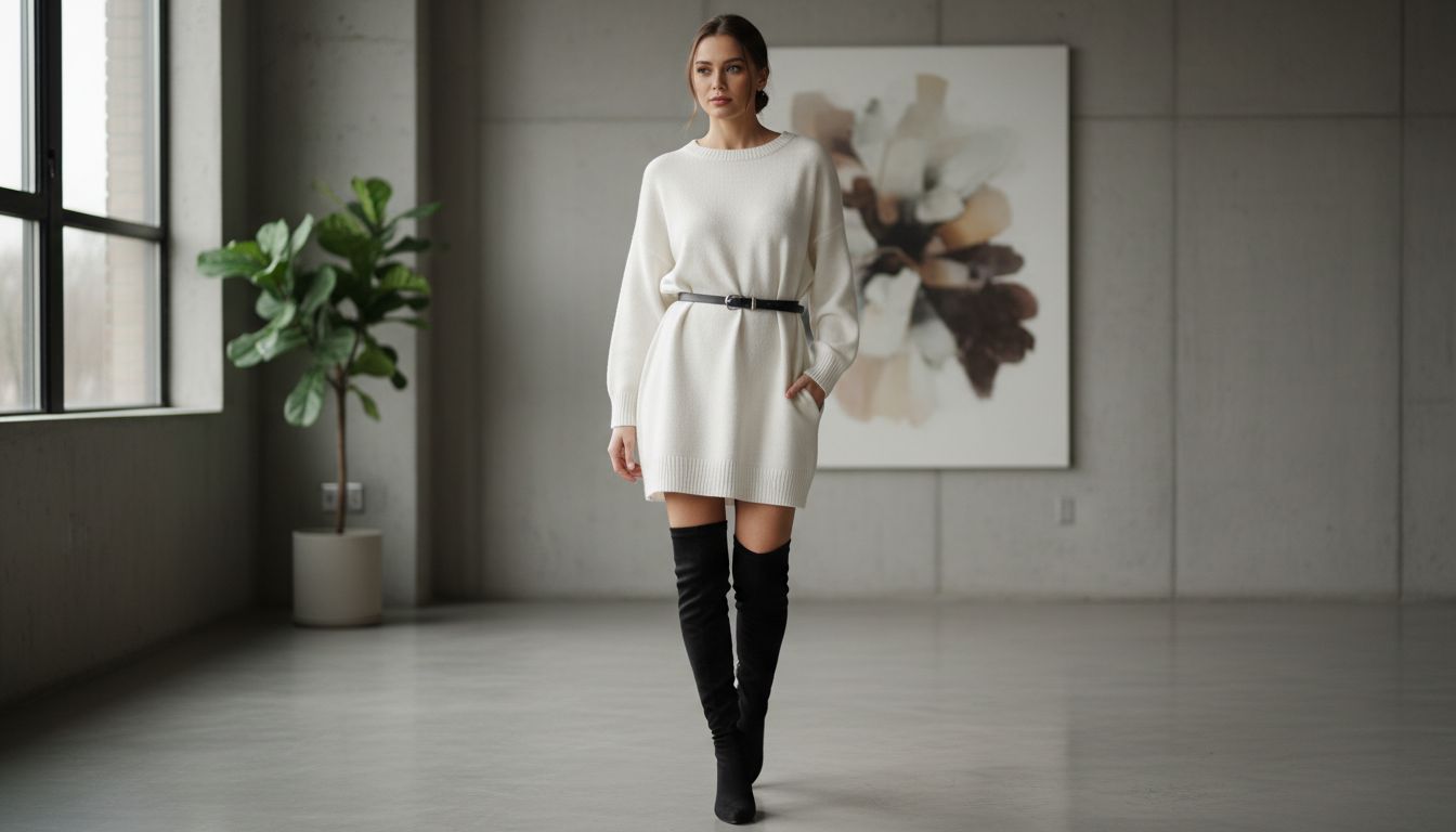 Стилизованный образ: длинный, молочно-белый свитер оверсайз, который носят как платье, с черными матовыми ботфортами 'вторая кожа'. На талии - тонкий ремень.