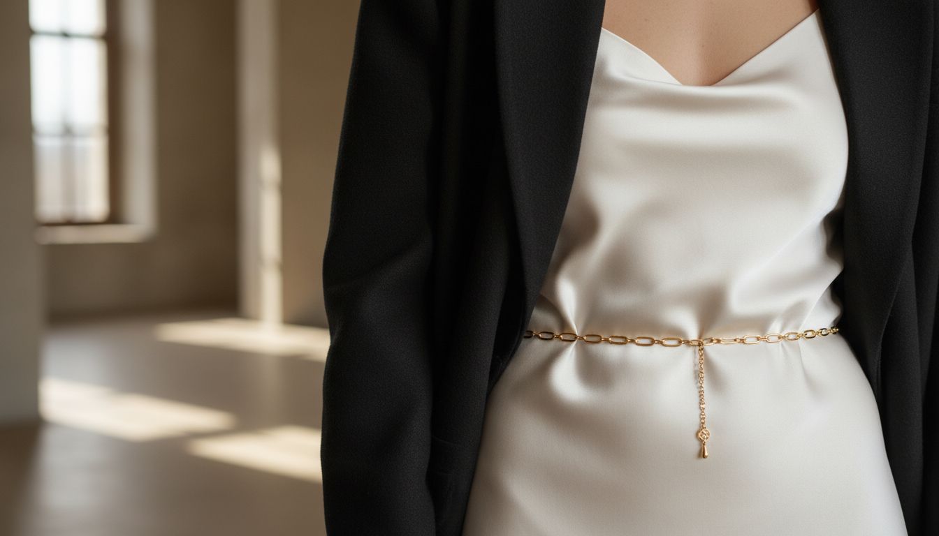 Стилизованный образ: черный шерстяной блейзер, под ним шелковая комбинация, на талии - тонкая золотая цепь. Фокус на блеске и контрасте.