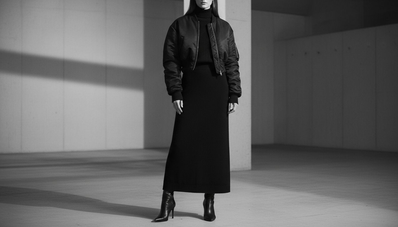 Образ в стиле монохром: Ультра-кроп бомбер из плотного черного нейлона, черная кашемировая водолазка, черная юбка-макси из плотного трикотажа и остроносые сапоги.
