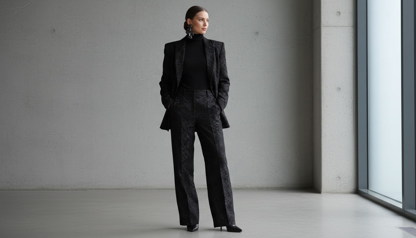 Брючный костюм из плотного черного жаккарда, дополненный тонкой водолазкой и массивной скульптурной моно-серьгой.