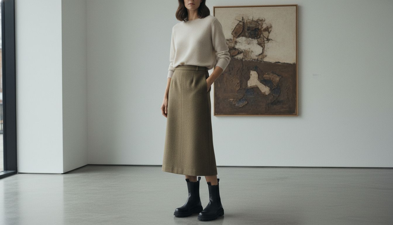 Стилизация: юбка-миди из плотной шерсти цвета хаки, заправленный тонкий кашемировый свитер и черные челси на массивной подошве.
