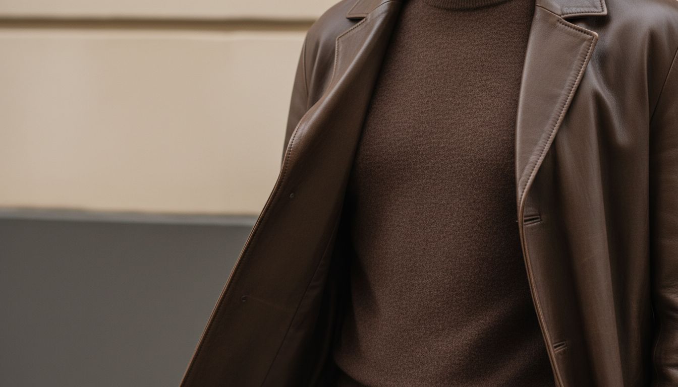 Крупный план на фактурное пальто из матовой кожи цвета горького шоколада, надетый поверх тонкого кашемирового свитера того же оттенка.