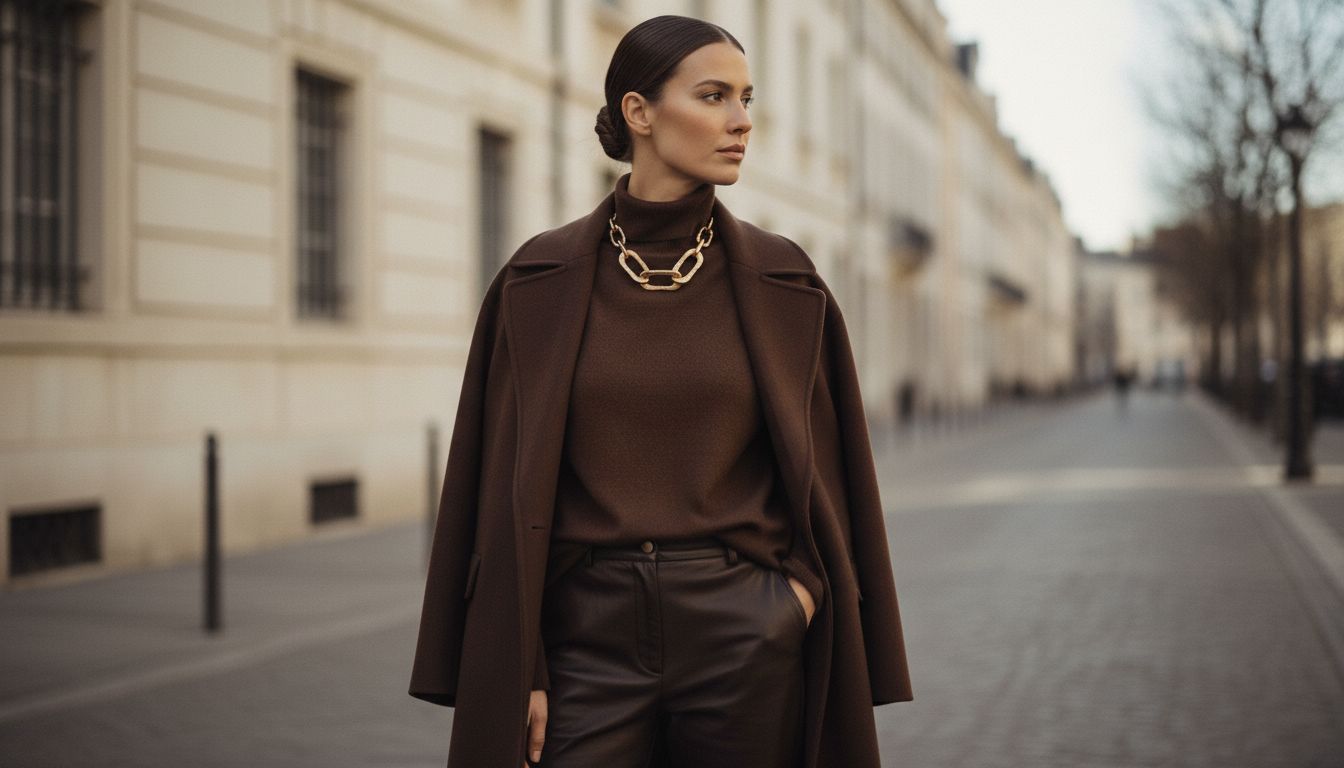 Женщина в монохромном образе Bitter Chocolate Brown: кожаные брюки, кашемировый свитер и оверсайз-пальто. Акцент сделан на массивном колье из матового золота.