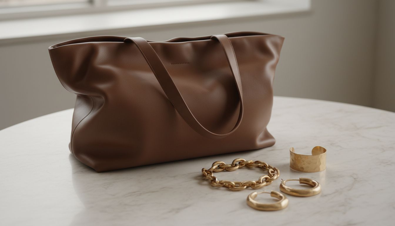 Натюрморт: Массивная сумка-тоут из матовой кожи Bitter Chocolate Brown, рядом с ней лежат крупные, скульптурные украшения из матового золота.