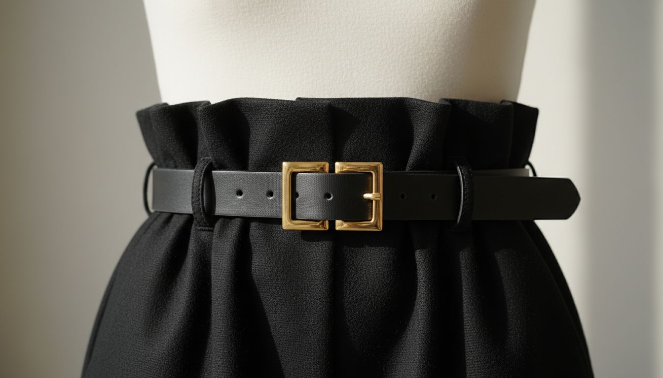 Детальный снимок пояса Paperbag Waist из плотной черной шерсти, стянутого тонким ремнем с крупной золотой геометрической пряжкой.