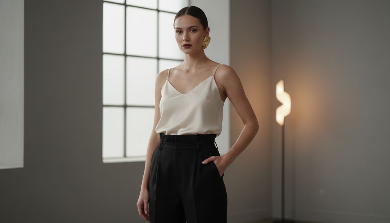 Женщина в вечернем образе: брюки Paperbag из черной шерсти, тонкий шелковый топ, заправленный внутрь, и массивная моно-серьга.