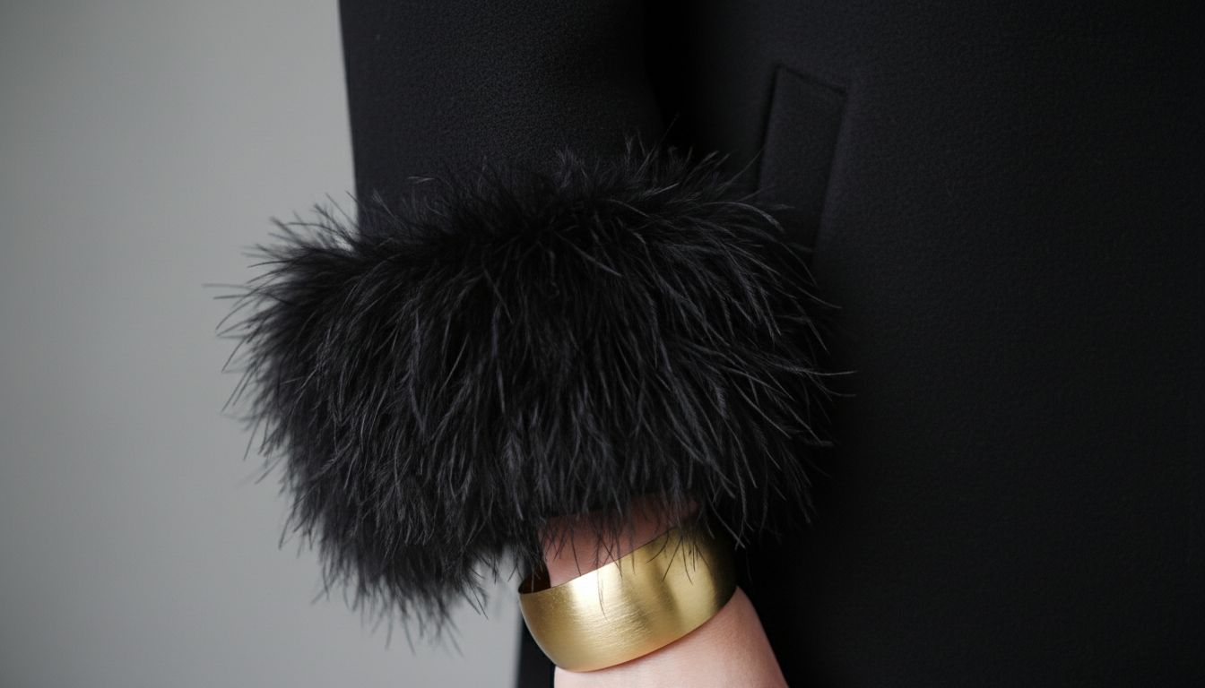 Крупный план манжеты строгого черного пальто, украшенной густой черной отделкой из перьев марабу. Рядом виден край массивного золотого браслета.