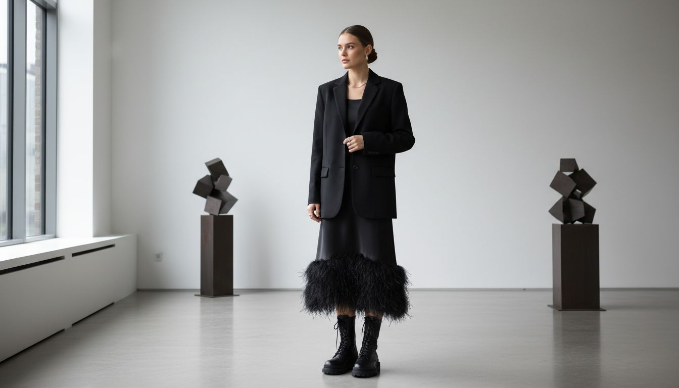 Девушка в юбке-миди из плотного черного сатина с отделкой марабу по подолу. На ней строгий черный блейзер и массивные кожаные ботинки на шнуровке.