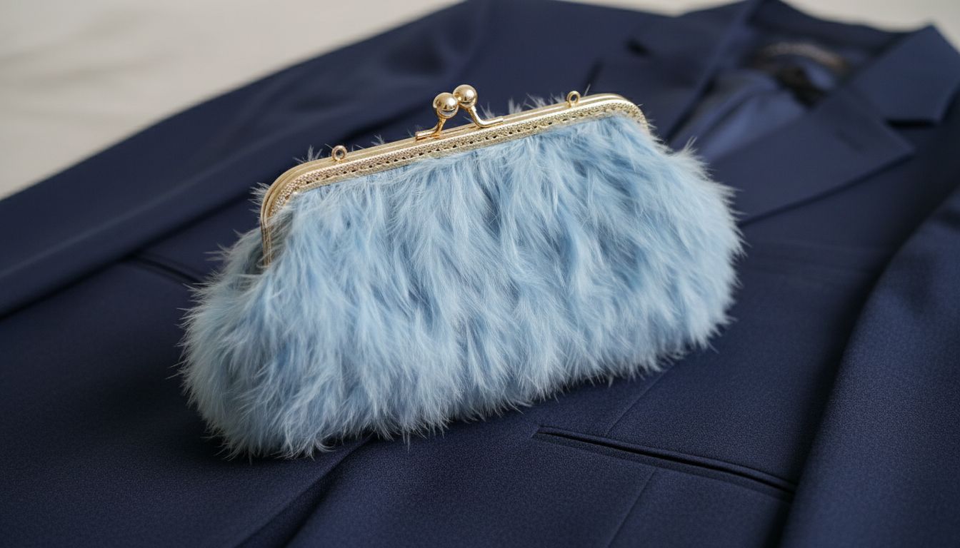 Крупный план клатча с винтажным замком-поцелуем, полностью покрытого нежно-голубыми перьями. Он лежит на шерстяном брючном костюме глубокого синего оттенка.