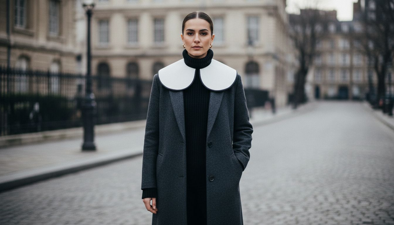 Девушка в длинном прямом пальто глубокого антрацитового цвета. Из-под пальто выглядывает черный свитер и крупный, идеально круглый белый воротник с черной окантовкой.