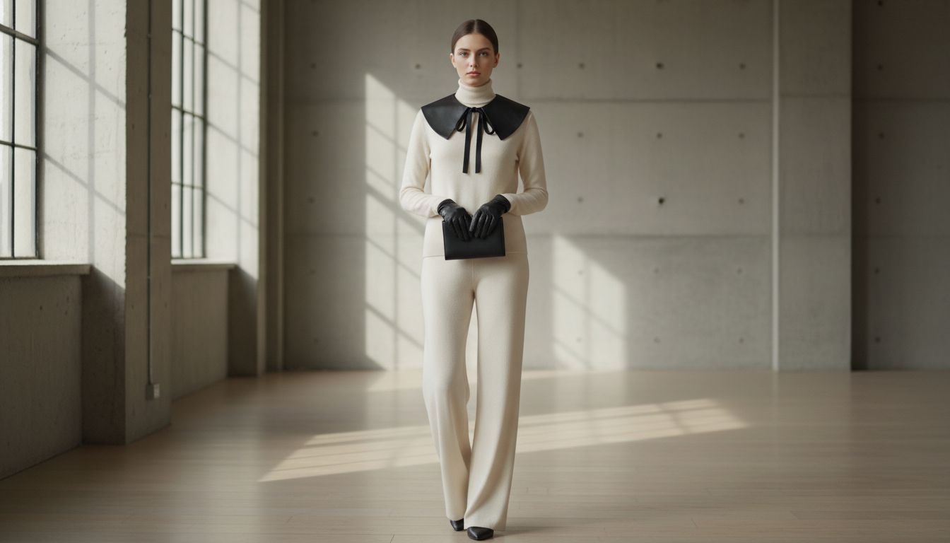 Модель в комплекте из тонкой шерсти цвета слоновой кости, дополненном контрастным воротником Питер Пэн из черной матовой кожи, завязанным на бант.