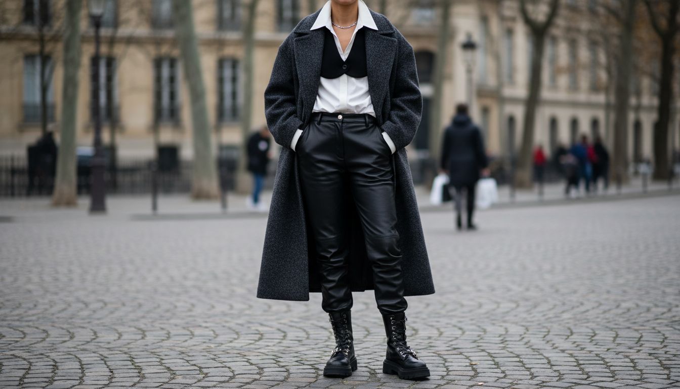 Стилизованный лук: контрастный воротник, выглядывающий из-под объемного шерстяного пальто, в сочетании с кожаными брюками и массивными ботинками.