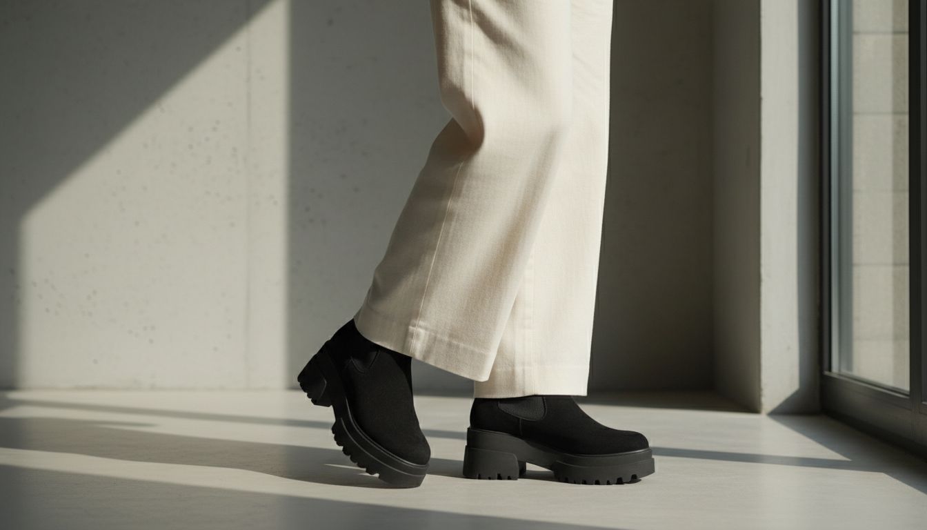 Обувь - ботильоны на толстой платформе, выглядывающие из-под длинного подола брюк.