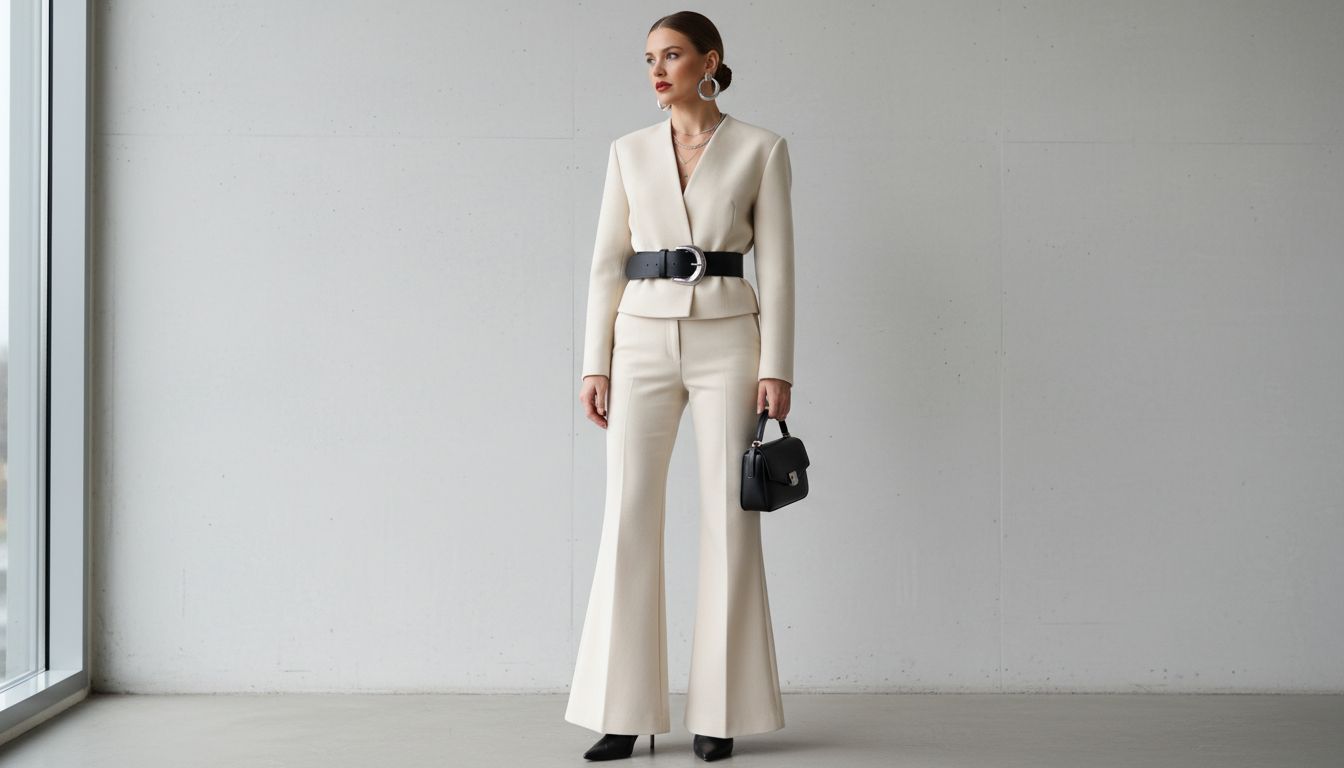 Стилизация брюк-клеш с укороченным жакетом и массивным ремнем.