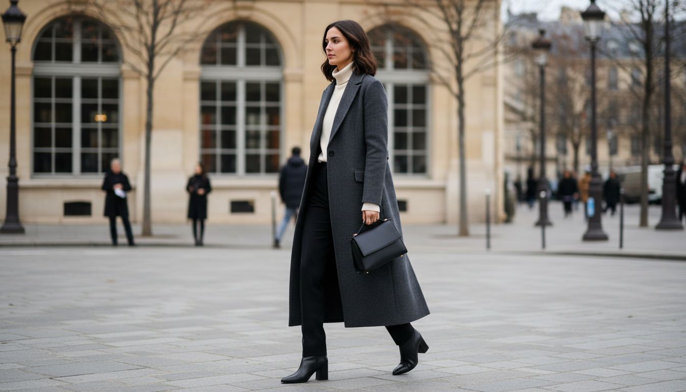 Общий вид образа с длинным пальто, подчеркивающим вертикаль.