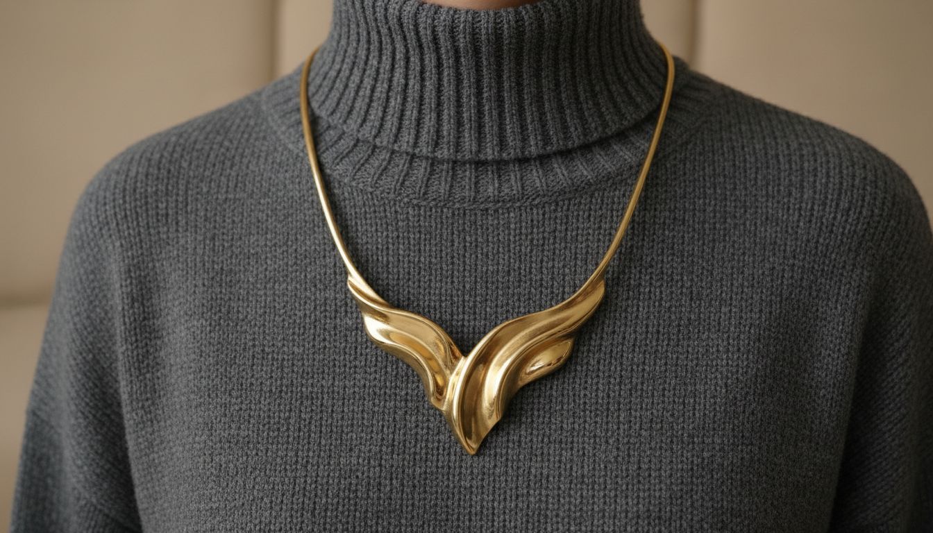 Крупный план, показывающий, как скульптурное колье из золота лежит поверх плотного серого свитера с высоким воротником, создавая четкий V-образный вырез.