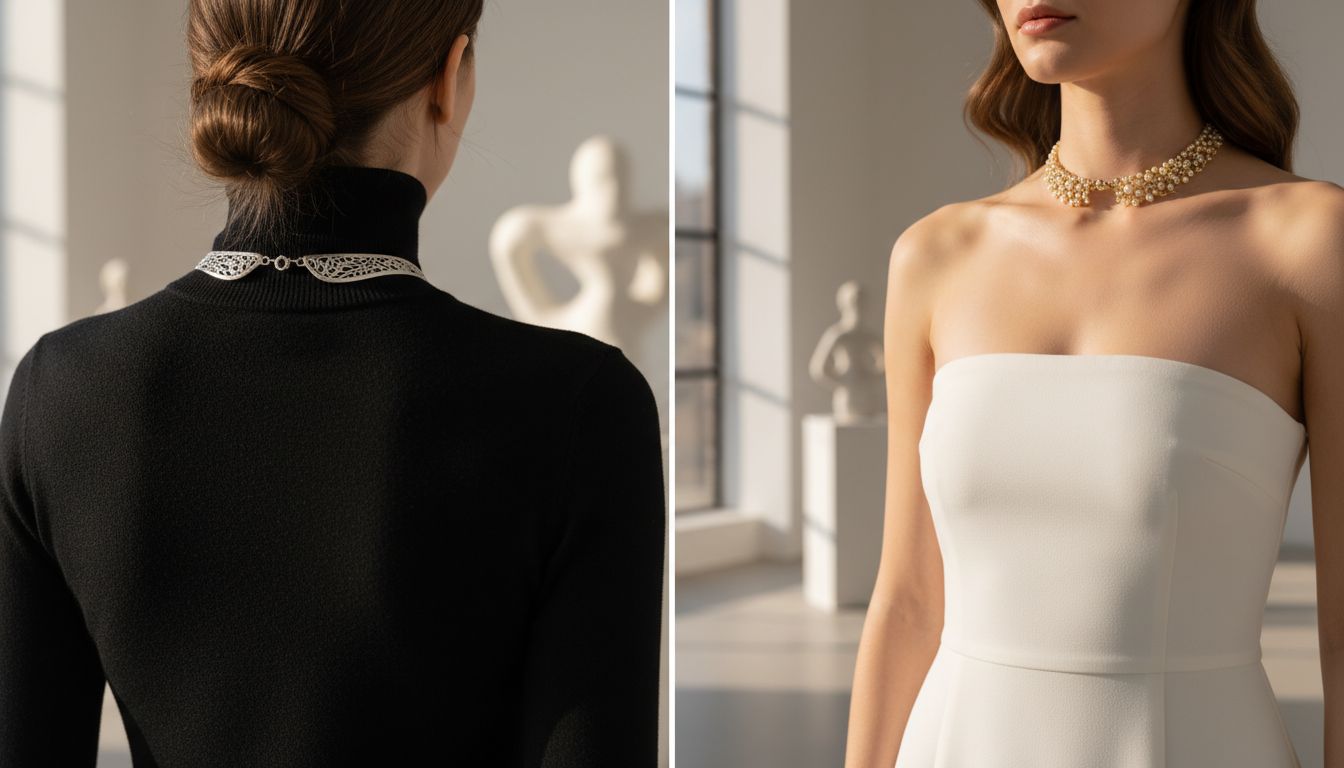 Заключительное изображение: коллаж из нескольких вариантов стилизации колье-воротника: с черным гольфом и с белым платьем-бандо.