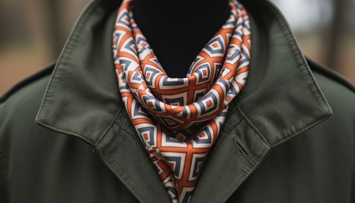 Крупный план воротника парки цвета Deep Military Olive, из-под которого выглядывает шелковый платок с геометрическим принтом.