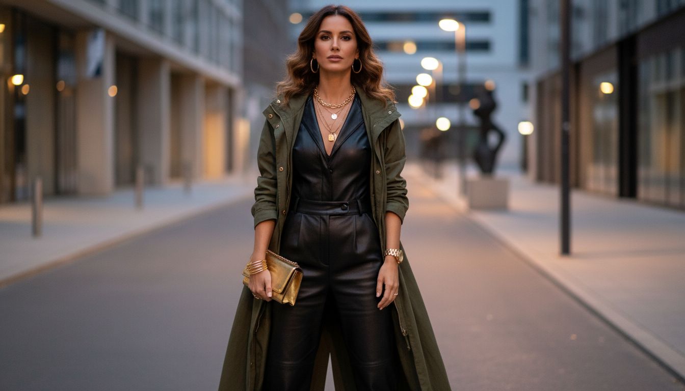 Девушка в длинной оливковой парке, расстегнутой, демонстрирующей черный кожаный костюм и золотые украшения.