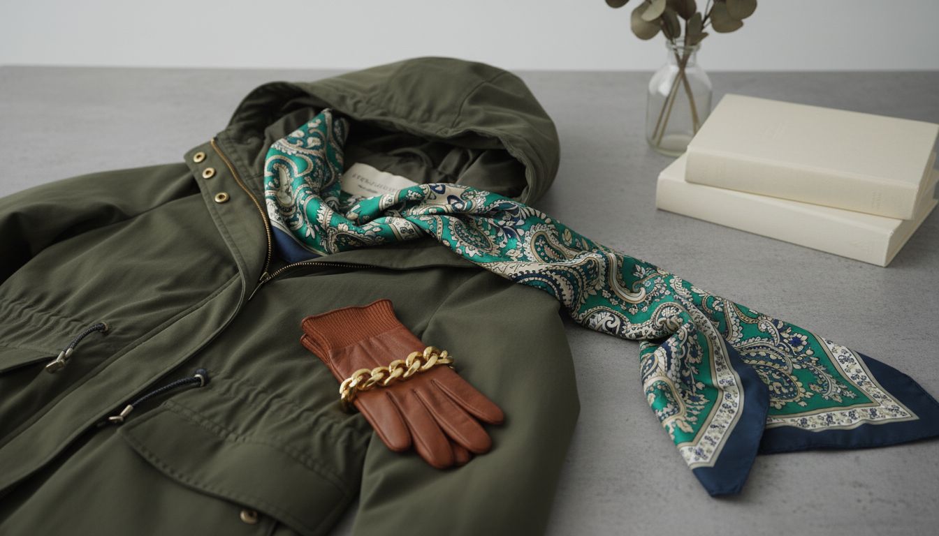 Стилизованный натюрморт: Парка Deep Military Olive, кожаные перчатки, золотой браслет и шелковый платок.