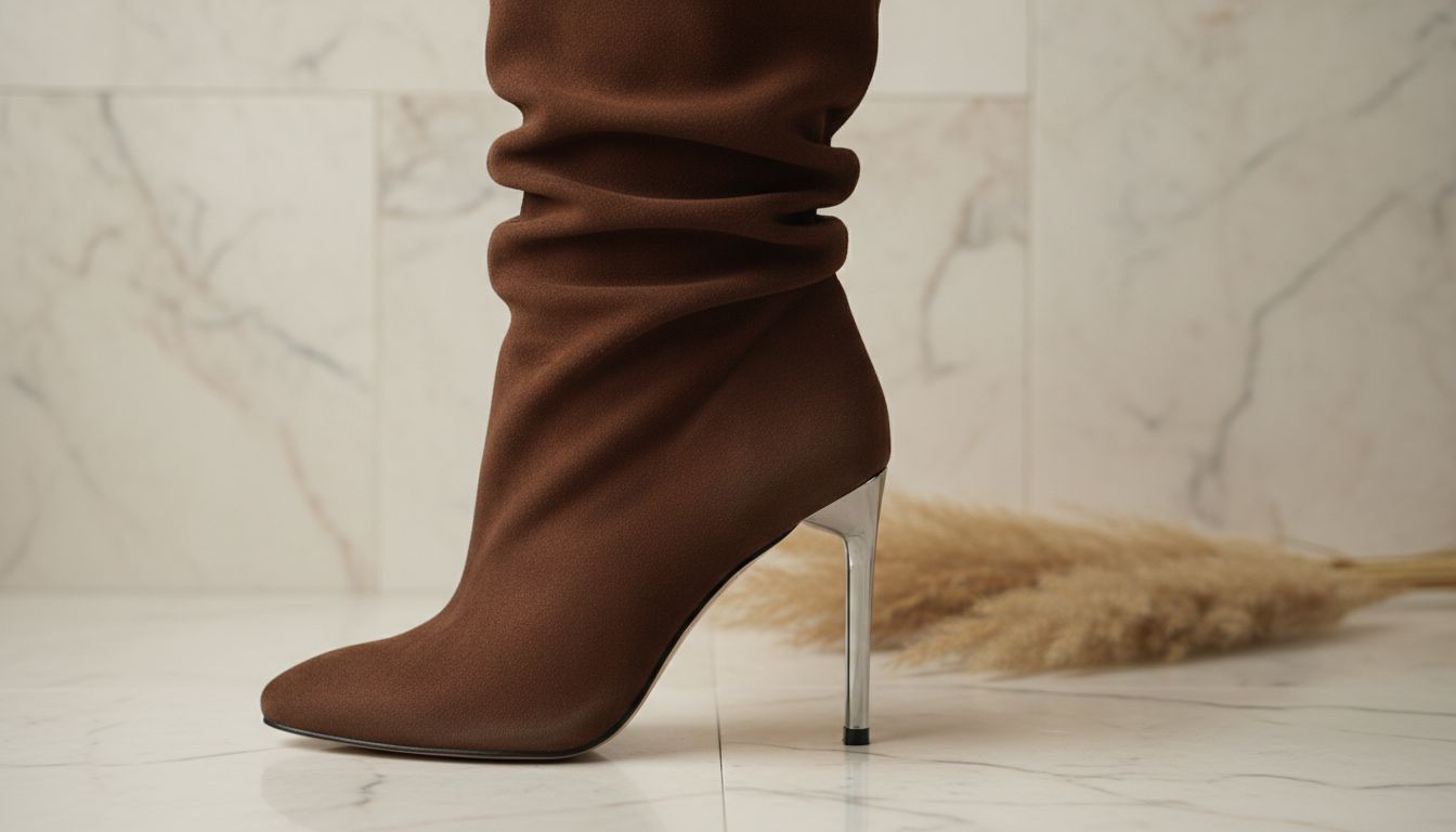 Крупный план замшевого сапога-гармошки в оттенке горького шоколада, стоящего на тонком металлическом каблуке.