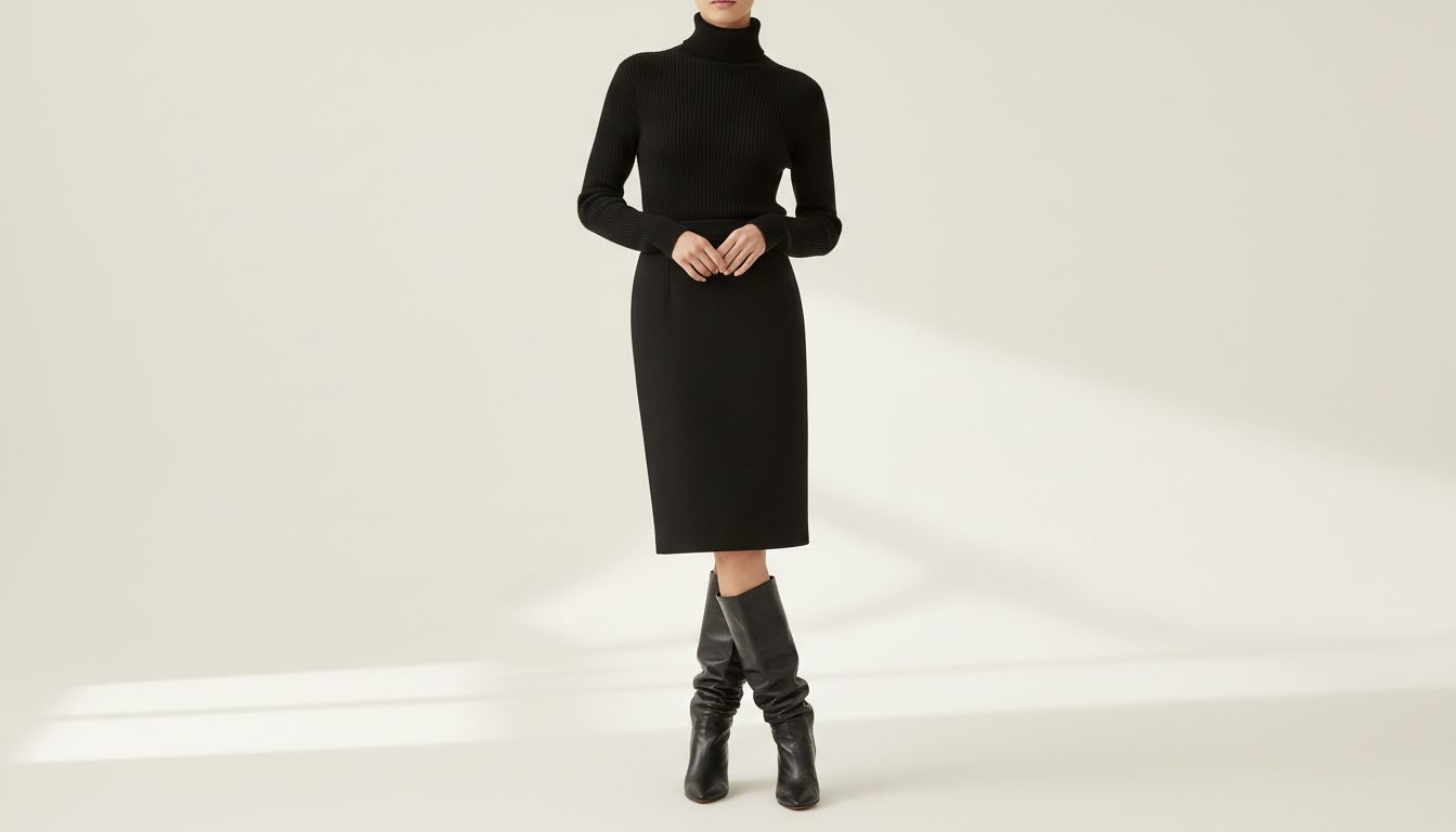 Женщина в черной шерстяной юбке-карандаш и черном кашемировом свитере, демонстрирующая, как сапог-гармошка драпируется под подол юбки.