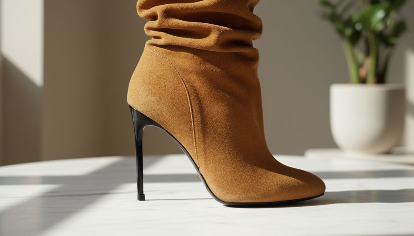 Деталь: тонкий каблук-стилет, поддерживающий объемное замшевое голенище сапога-гармошки.