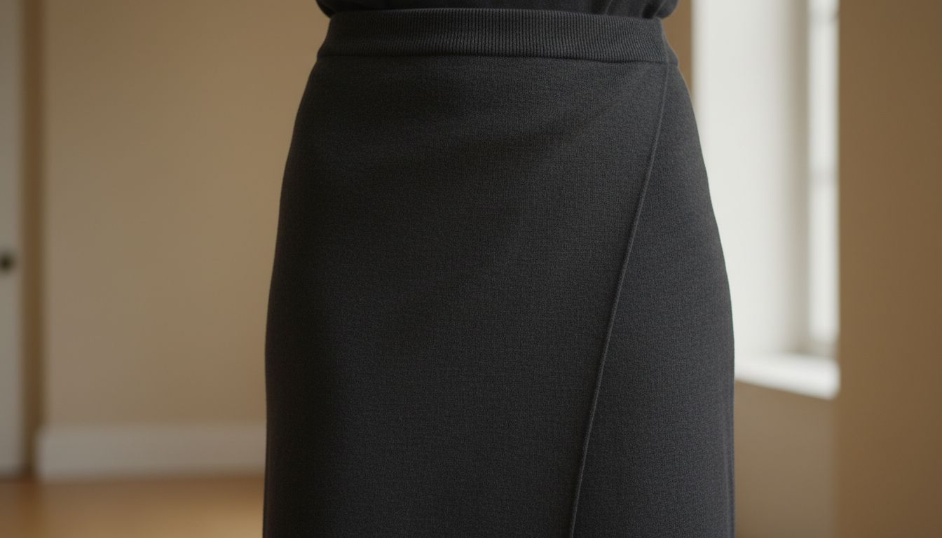 Крупный план асимметричного запаха на юбке из плотного темно-серого трикотажа, показывающий четкую диагональную линию.