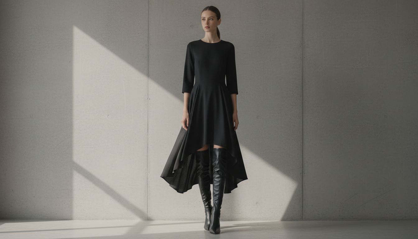 Модель в черном платье-миди с асимметричным подолом, стилизованном с черными ботфортами "вторая кожа" для создания единой вертикали.