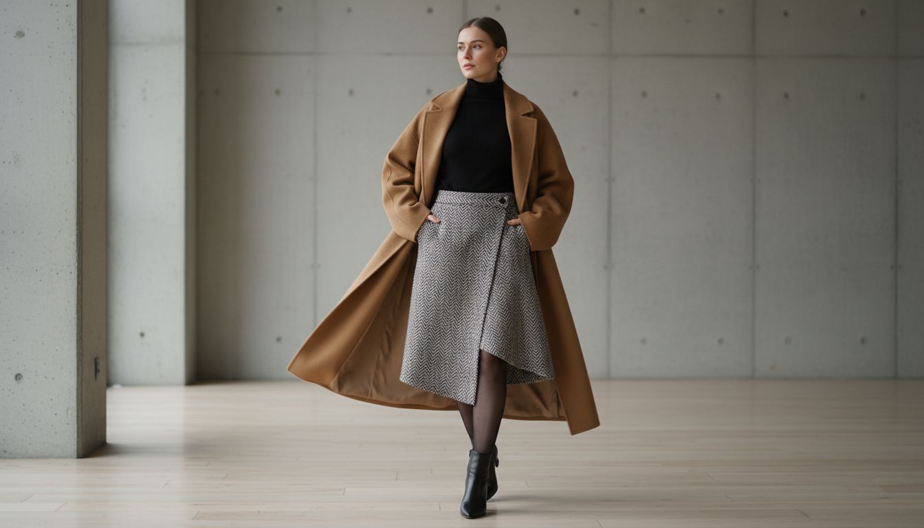 Стилизованный образ: юбка с асимметричным запахом из твида, заправленная в нее тонкая водолазка и пальто оверсайз, раскрывающее диагональную линию подола.