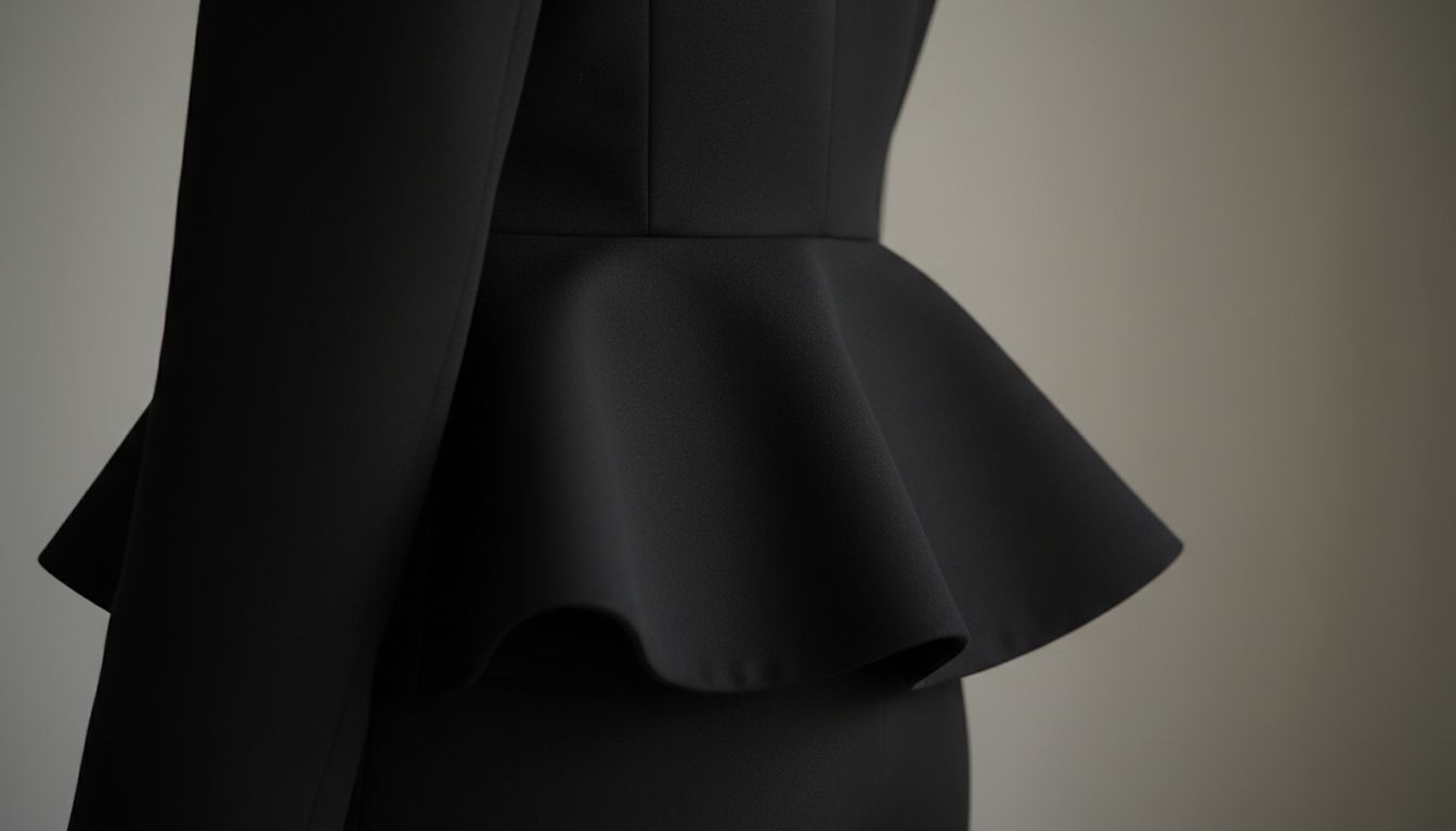 Крупный план скульптурного баска на блейзере из черного шерстяного крепа, демонстрирующий идеальную жесткость и угол изгиба.