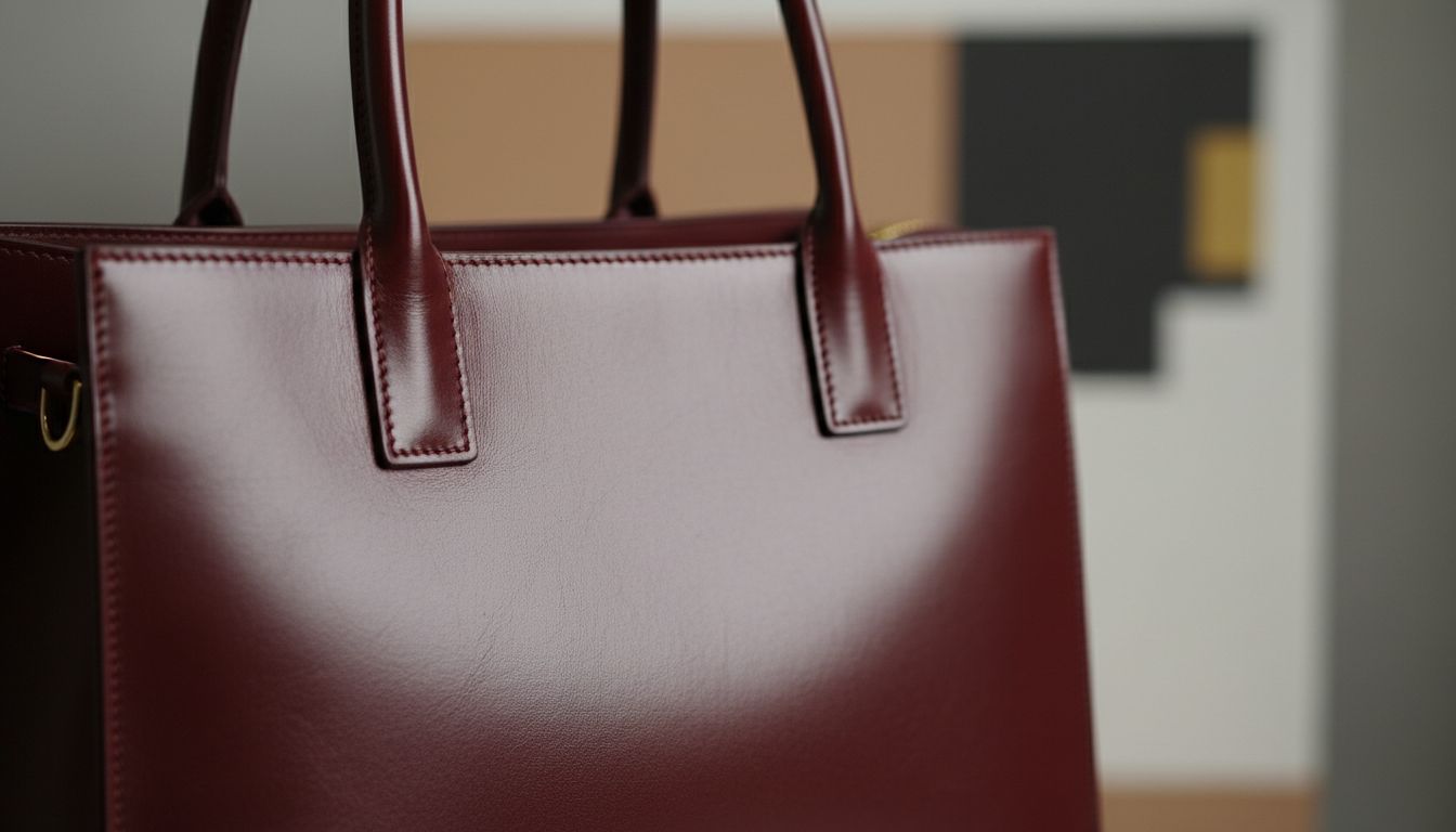 Крупный план текстуры глянцевой кожи глубокого винного оттенка (Oxblood) на строгой сумке-тоут.