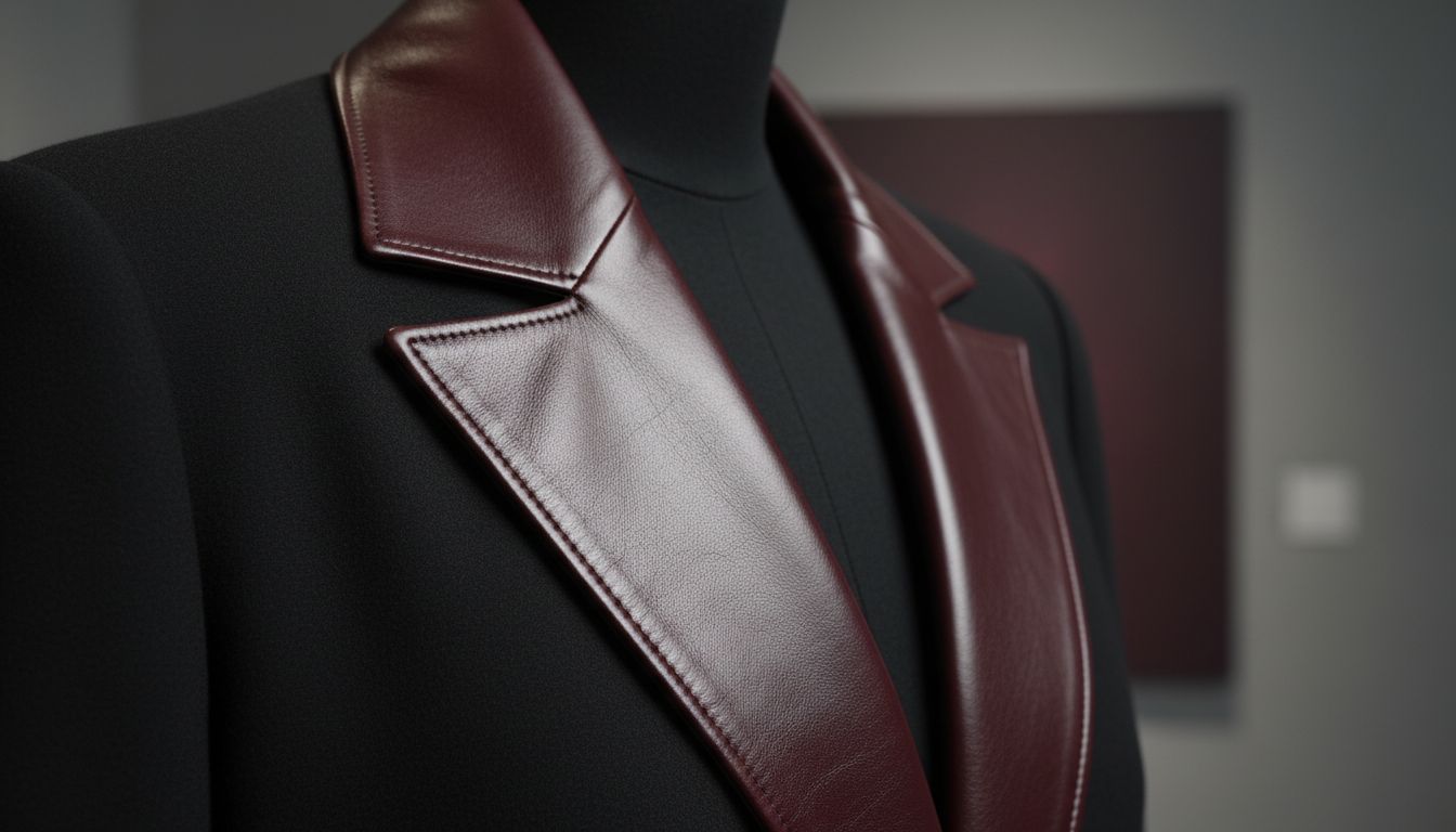 Деталь: Сочетание матового черного кашемира и глянцевой кожи Oxblood в виде воротника и лацканов.